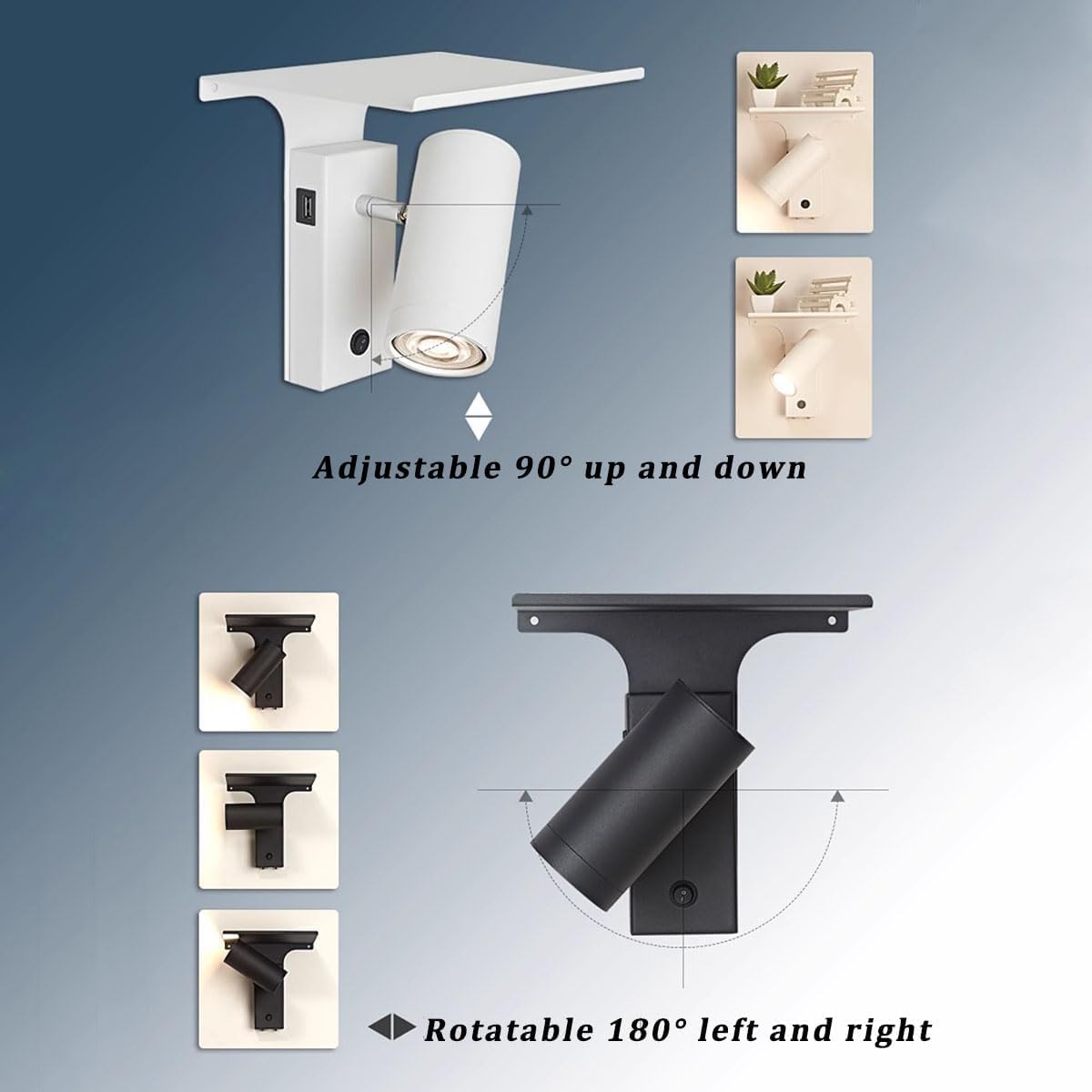 Lampa ścienna LED z włącznikiem i wtyczką, wewnętrzna metalowa lampa ścienna obracana o 270° z portem USB do ładowania i półką, regulowana lampa ścienna do czytania do salonu, sypialni, biura,White