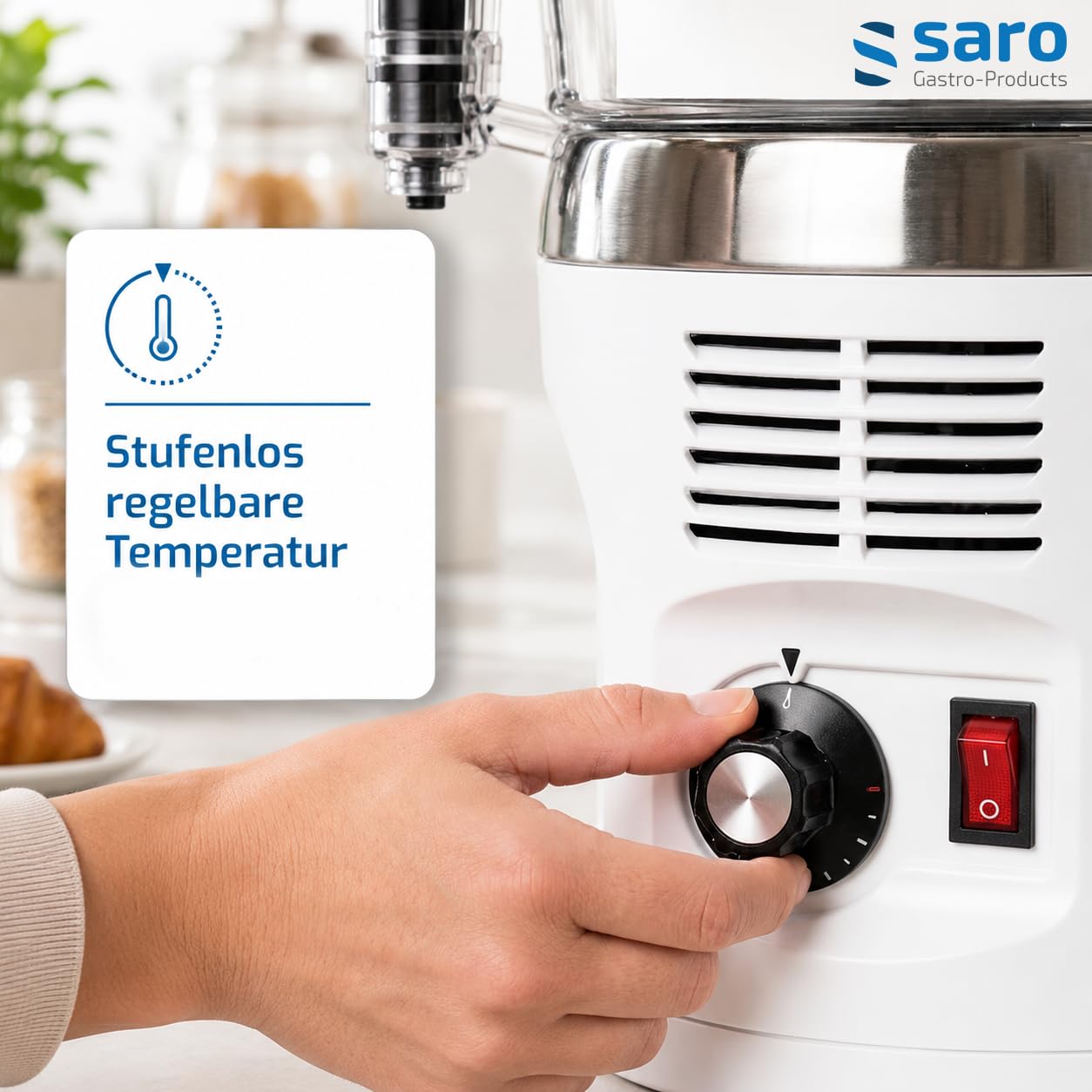 SARO Kakaodispenser – 5 L – Weiß – Rührwerk – Edelstahl-Deckel – Temperatur 30–90 °C – Abnehmbarer Behälter & Zapfhahn – Modell NINA