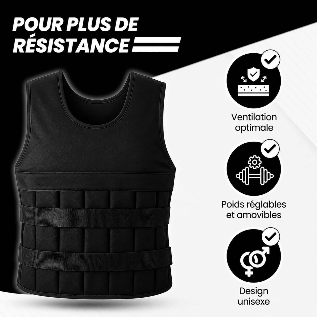 Gilet lesté de 10 kg réglable avec poids amovibles, gilet d'entraînement pour musculation, crossfit, cardio, course à pied, noir