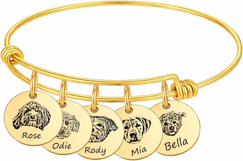 Pet Portrait Bracelet Personalized – Dog or Cat Face Multi Charm Bangle Bracelet with Photo Engraving, Memorial Jewelry, Dog Mom, Animal Lovers for Mother’s Day, Birthday, Christmas