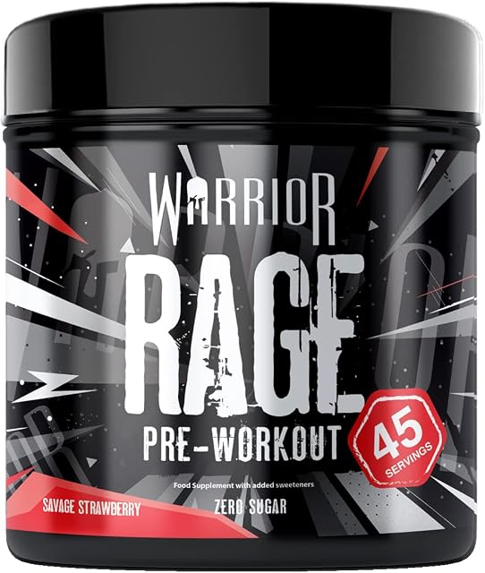 Warrior Rage Pre Workout Powder 392g - High Caffeine Energy & Focus - 45 Servings - Savage Strawberry | Supplements