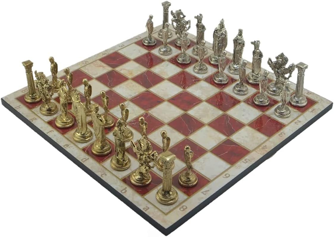 Metal Chess Set for Adults Royal British Army,Handmade Pieces and Different Design Wooden Chess Board King 3.35 inc (Red Marble)