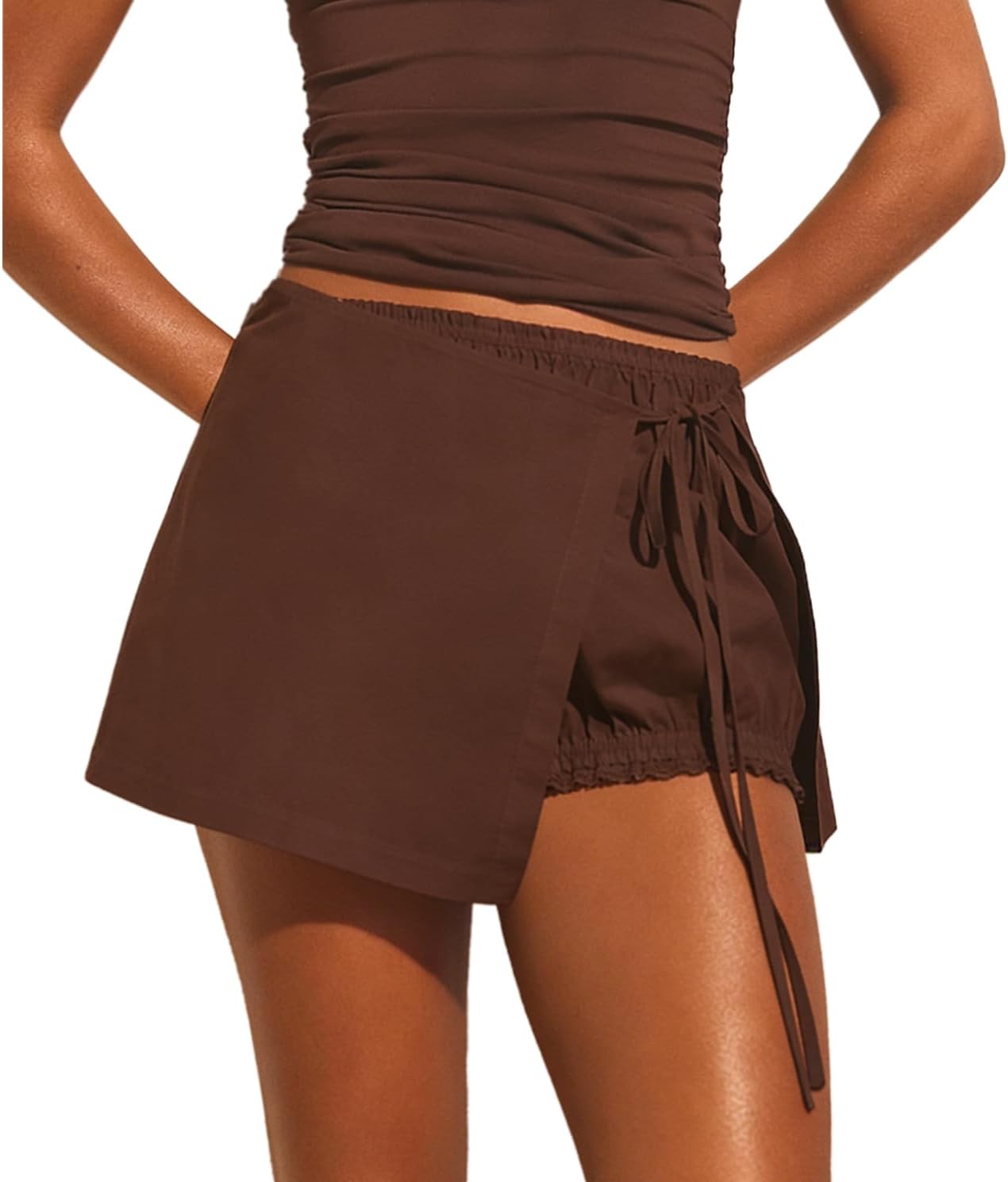 Womens Wrap Skort Tie Side Cotton Mini Skorts Casual Elastic Lace Trim Skirts Summer Beach Short Skorts