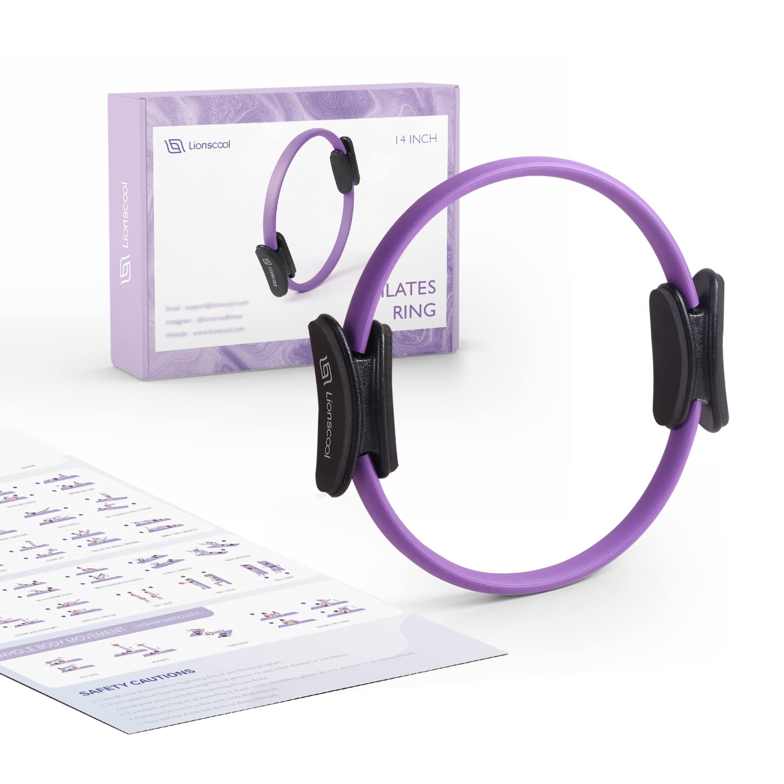 LIONSCOOL PILATES RING SET - Premium Anti-Deformation 14”Magic Circle with Dual Padded Handles - Includes Burst Resistant Pilates Mini Ball & Highly Elastic Resistance Bands - Free Workout Guide & Bag