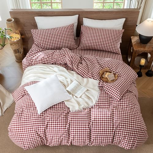 Image of MooMee Gingham Duvet Cover Set 100% Washed Cotton Linen Like Queen | Relaxed Linen-like Texture. Soft, Breathable & Long-lasting Comfort. Lightweight. Hidden Zipper with 8 Interior Corner Ties