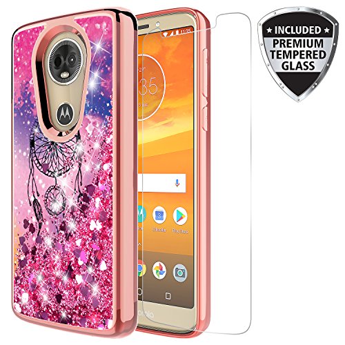 Moto E5 Plus Case, Moto E5 Supra Case with Tempered Glass Screen Protector, Rosebono Quicksand Glitter Liquid Graphic Bumper Protective Cover for Moto E5 Plus/Supra (Dream Catcher)