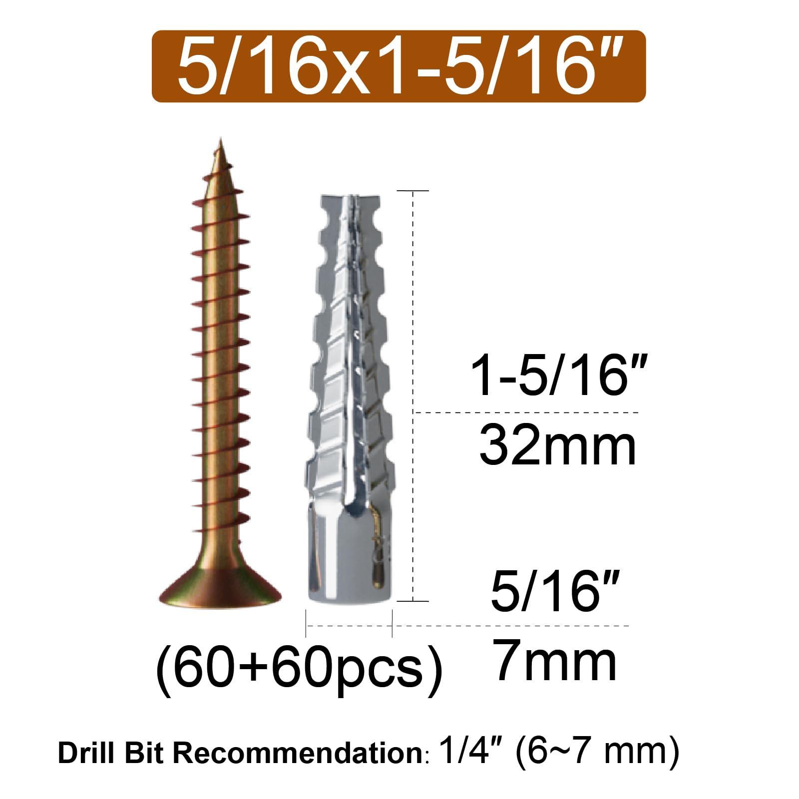 ZUYUEE 120PCS 5-16×1-5/16 in Screws and Wall Plugs Set,Concrete Anchors Wall Plugs for Brick, Bronze and Silver - Image 2