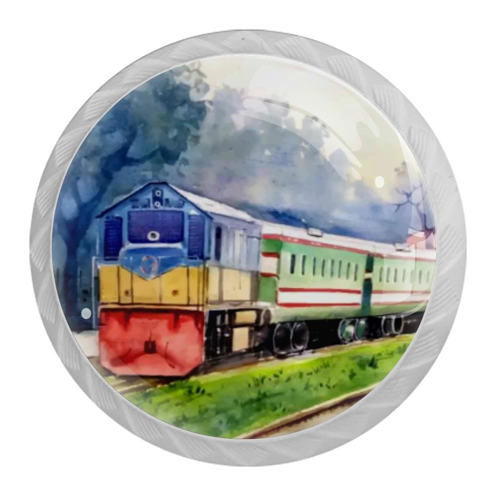 Tqmspg 4 Pieces Drawer Pulls Watercolor Train Door Knobs Dresser Handles for Kitchen Wardrobe Cupboard Hardware Furniture