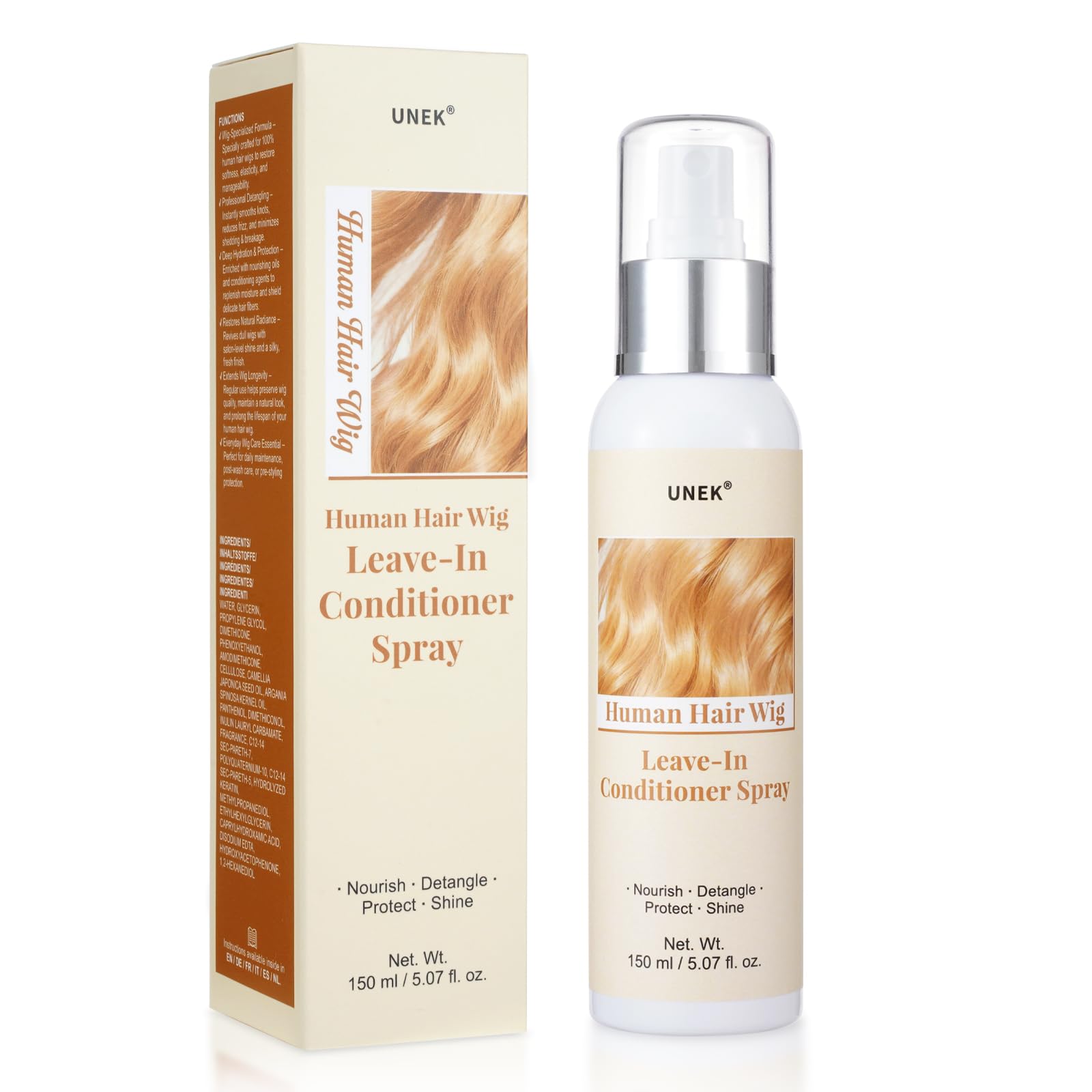 UNEK Acondicionador en spray sin enjuague para pelucas de cabello humano: hidratación ligera anti-frizz, aporta brillo y suavidad a pelucas, extensiones y postizos de cabello humano, 150 ml