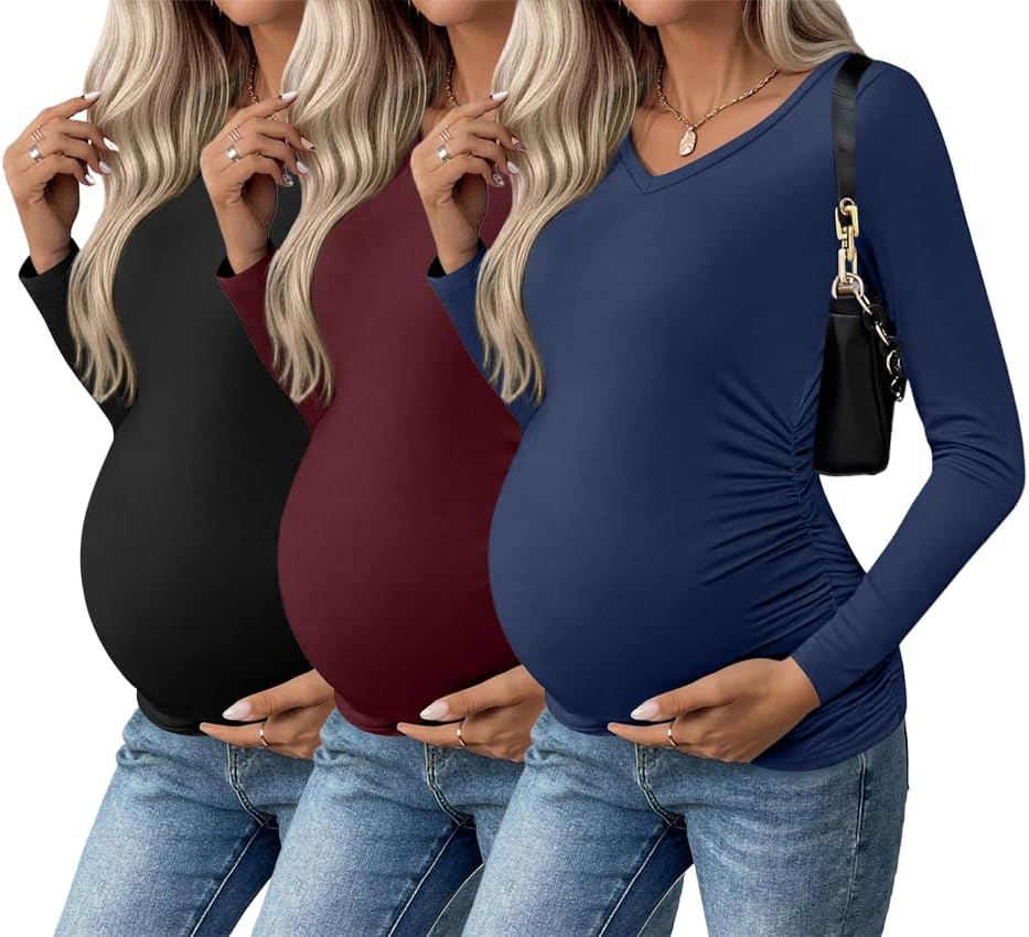 Ekouaer Womens Maternity Shirts Long Sleeve 3 Packs Pregnancy V-Neck Clothes Side Ruched Blouse Tops for Mama S-XXL