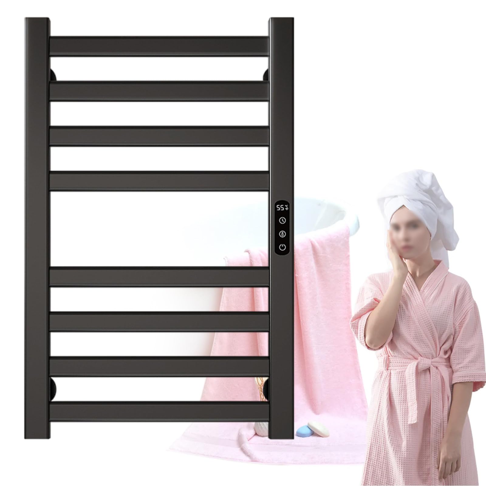 LONGTEAMOON Toallero calefactable con Temporizador Led, Estante Calentador de Toallas para baño, Estante de Secado termostático con calefacción de 200W, Toalla Caliente,Black