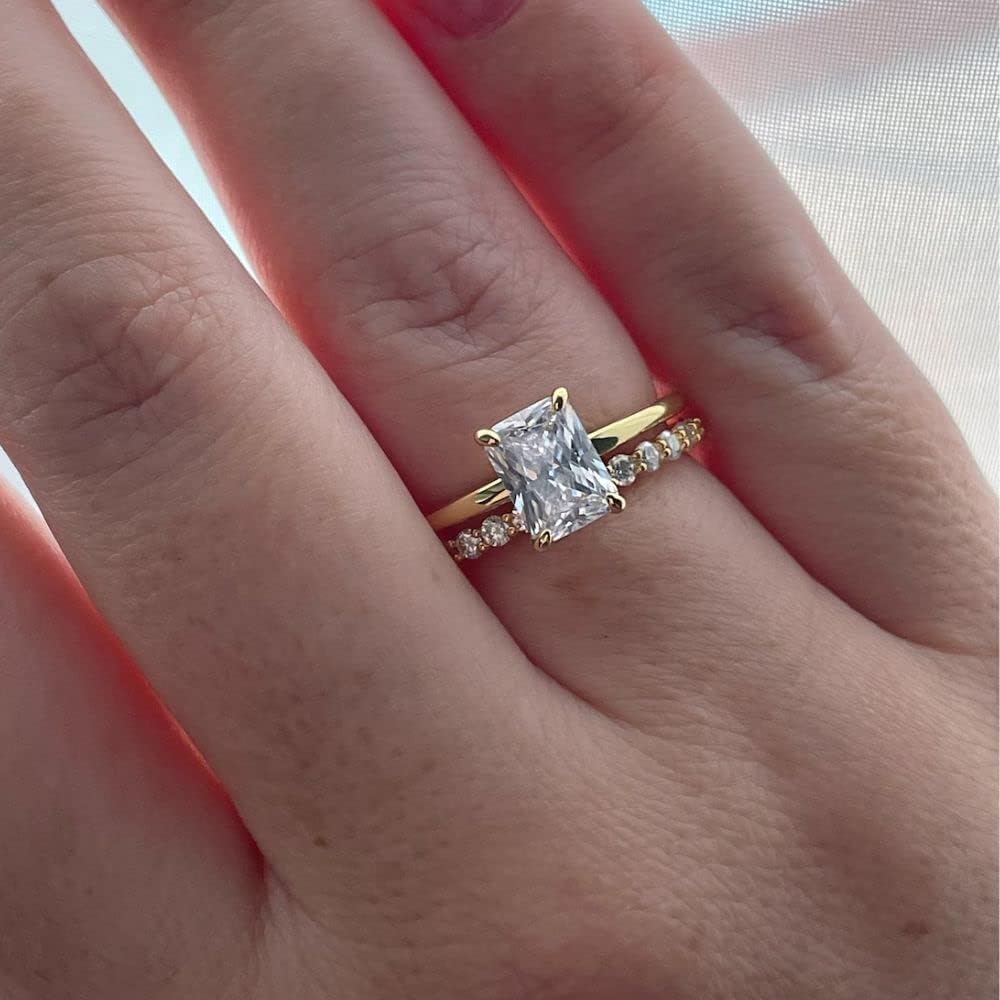 Ssjewel 2 Ct Radiant Cut Diamond Delicate Elegant Bridal Wedding Band Engagement Rings Set 14K Yellow Gold Plated 925 Sterling Silver Handmade Stacking Band Matching Ring Gift For Her