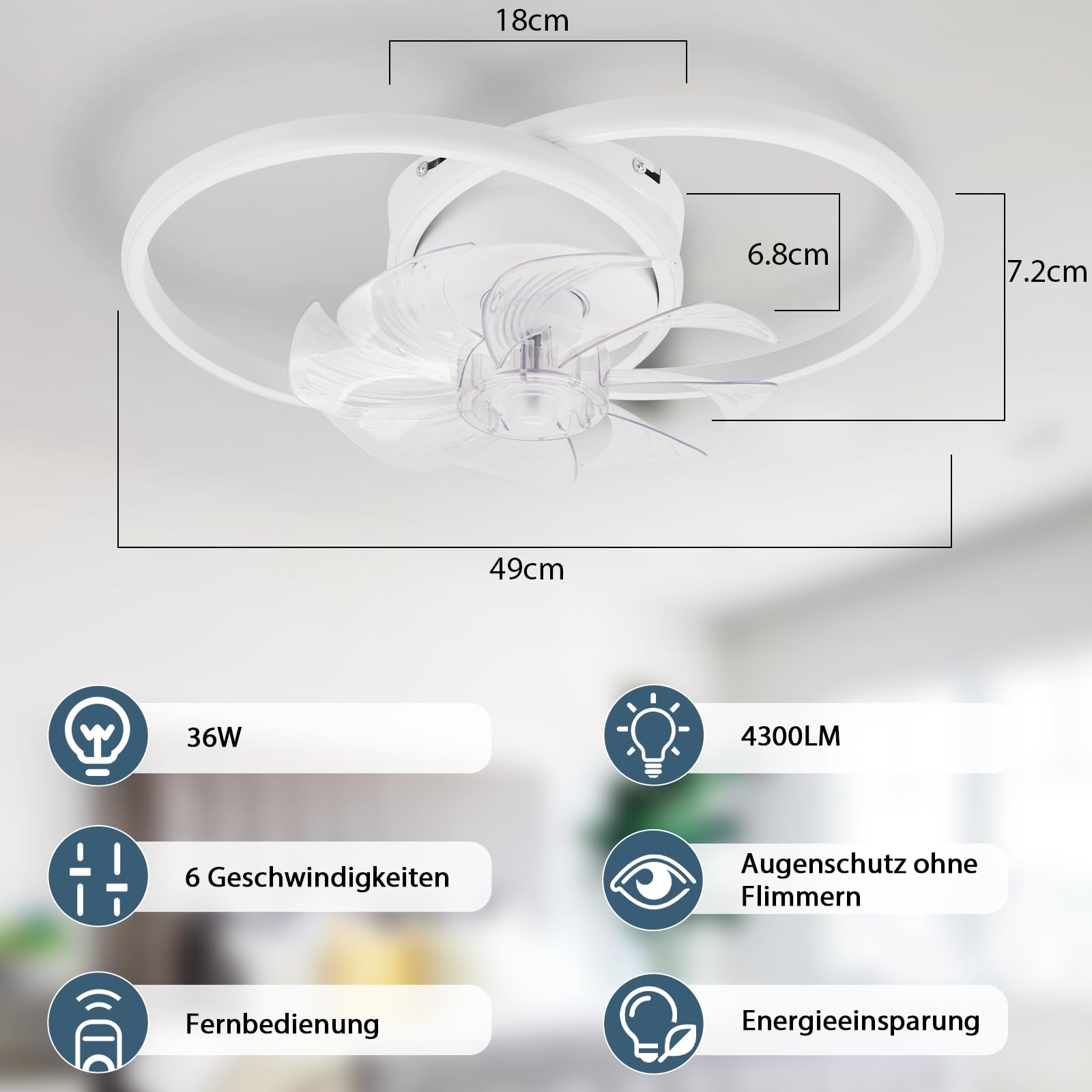 Homefire Wentylator sufitowy LED z oświetleniem – nowoczesny cichy wentylator sufitowy o mocy 36W z pilotem 3 temperaturami barwowymi i 6 prędkościami wentylacyjna do jadalni i pokoju dziecięcego