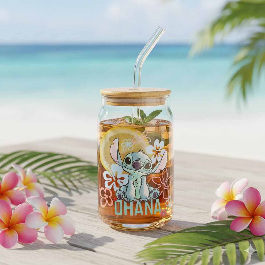 Silver Buffalo Disney Lilo and Stitch Ohana Trinkglas, 473 ml | Inklusive Bambusdeckel und Strohhalm, Glas, 0,47 Liter