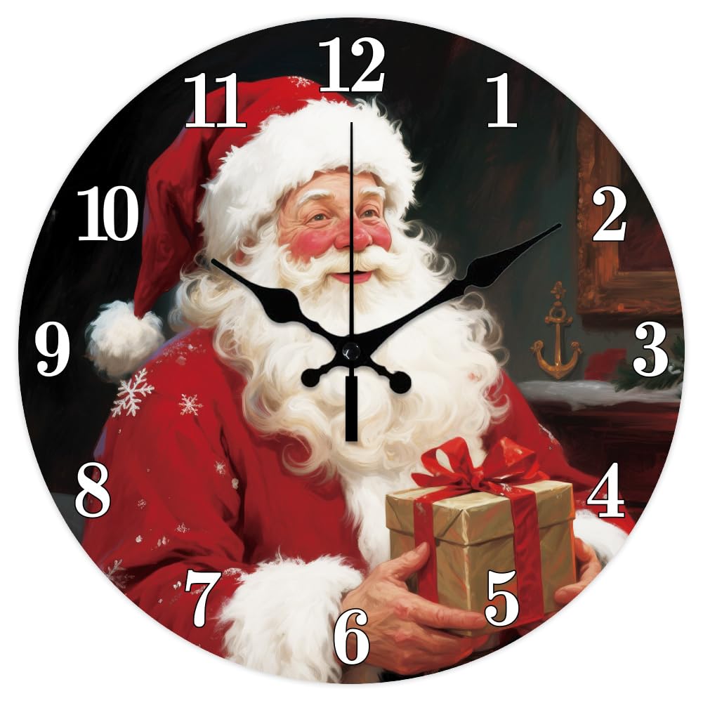 CHGCRAFT Santa Claus Wall Clock 12 Inch Christmas Box Clock Battery Operated Silent Gift Non Ticking Round Decorative Clocks for Home Office Decoration