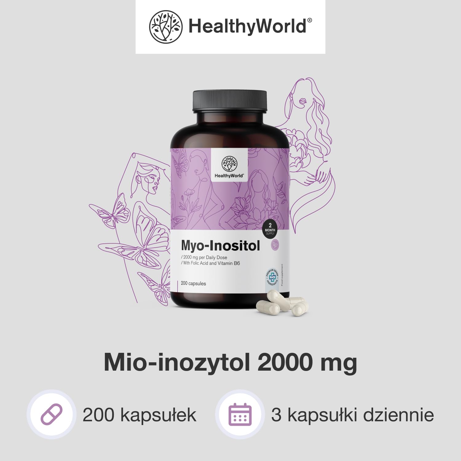 HealthyWorld Mio-Inozytol 2000 mg – 200 Kapsułek Roślinnych – Dla Kobiet – Kwas Foliowy, Witaminy B6 i B8 – Wsparcie Hormonów i Nastroju – Bez Alergenów – 2-Miesięczny Zapas