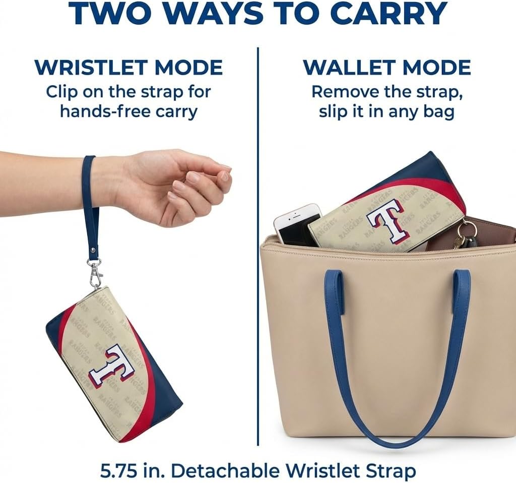 Littlearth MLB Texas Rangers Curve Zip Organizer Wallet, Wristlet and Wallet in One, Team Color, 8 x 4 x 1 Inches