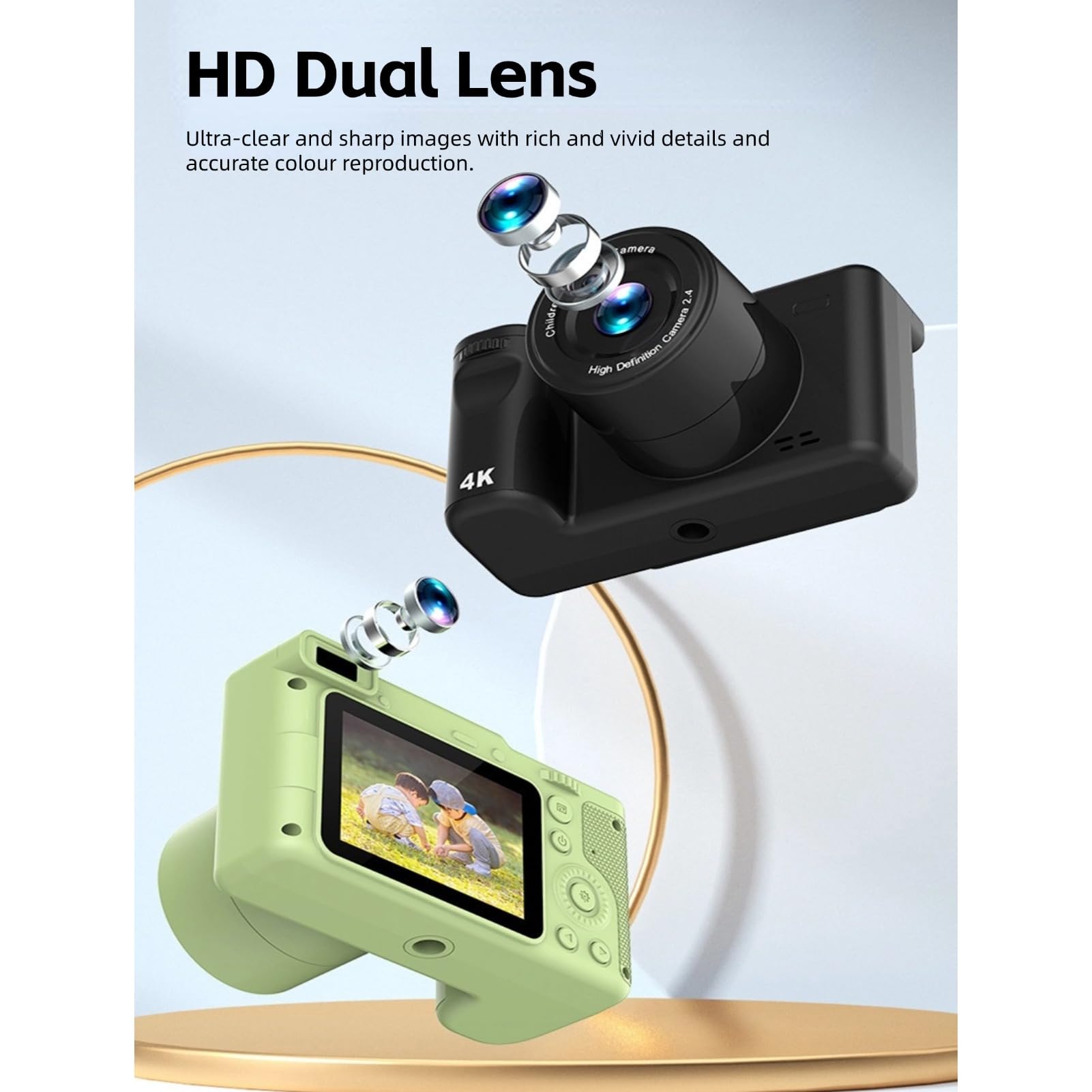 Cámara Digital para Niños con Trípode, 12 MP, 1080P, Doble Lente Frontal y Trasera, Pantalla IPS, HD