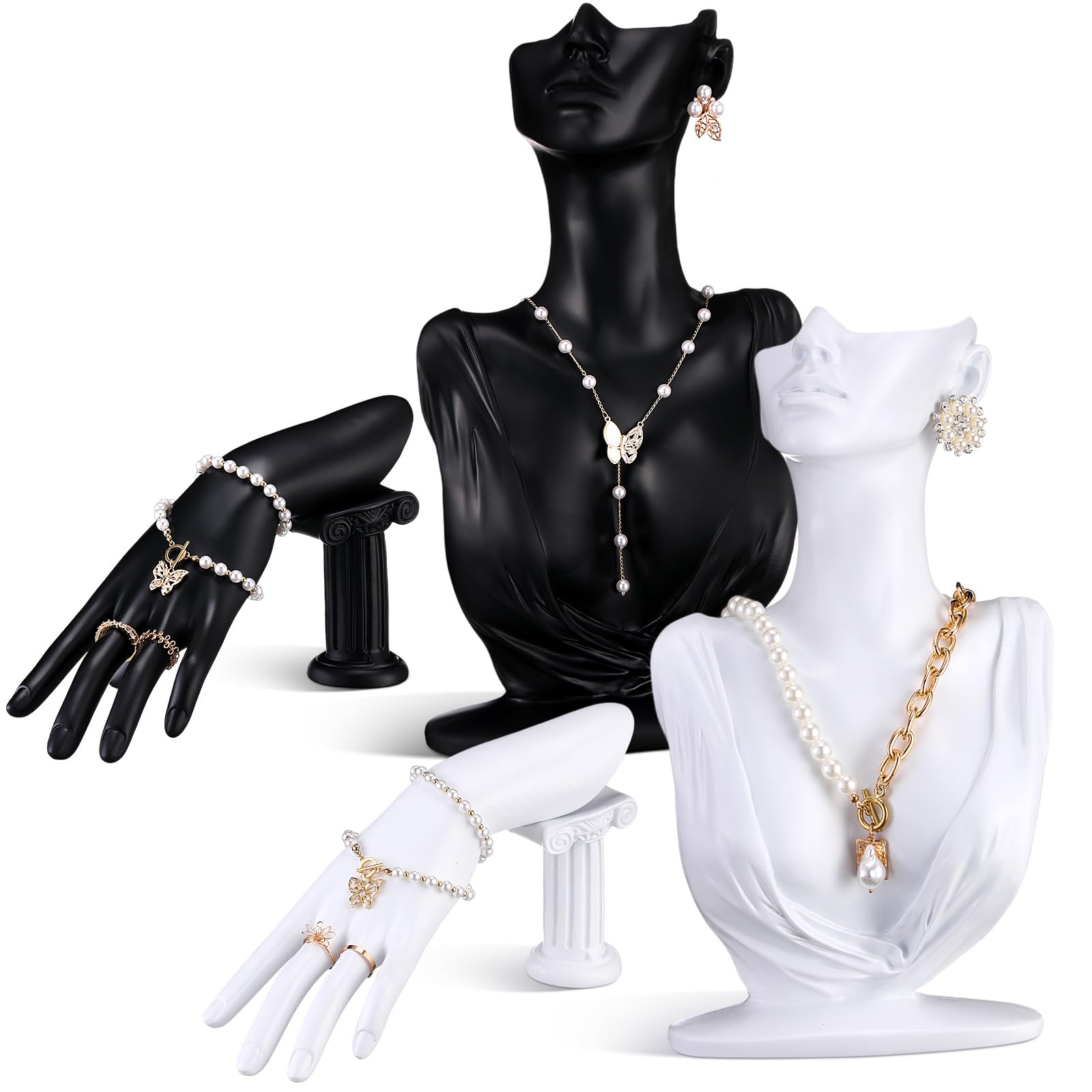 Yalikop 4 Pack Resin Jewelry Mannequin Display Set Necklace Earring Display Stand and Female Mannequin Hand Ring Bracelet Holder Bust Organizer Black White for Shows Selling Home Decor (Elegant)
