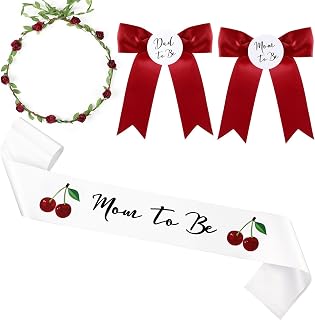 Xinnun 4 Pieces Mom to Be Sash Baby Shower Decoration Cherry Themed Sash for Mommy and Dad Corsage Pin with Sage Green Leaf Flowers Crown for Baby Shower Party Favors Gender Reveal (Red)