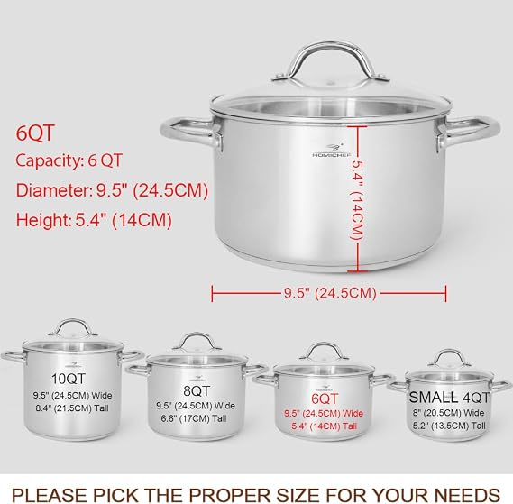 HOMICHEF Stock Pot 6 Quart Nickel Free Stainless Steel - 6 Qt Soup Pot With Lid and Handle - Small Cooking Pot 6 Quart - Ideal for Soup, Sauce, and Induction Cooking