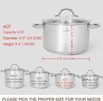 HOMICHEF Stock Pot 6 Quart Nickel Free Stainless Steel - 6 Qt Soup Pot With Lid and Handle - Small Cooking Pot 6 Quart - Ideal for Soup, Sauce, and Induction Cooking