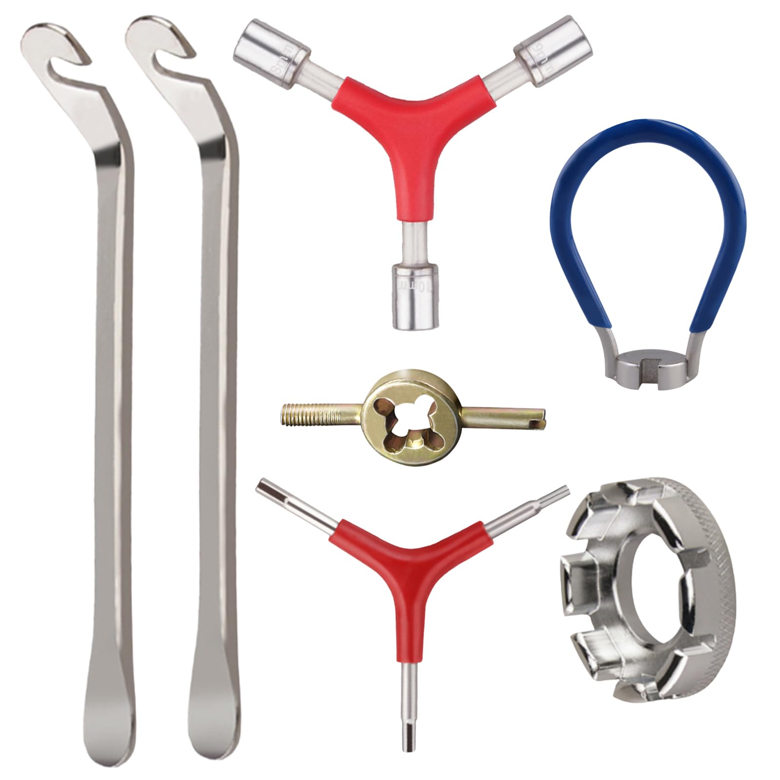 YYMT 7-Piece Bicycle Spoke Tool Set for Rim Alignment & Repair - Includes Professional Spoke Wrench & Tensioner, 2 x Tyre Levers, Valve Wrench, Y-shaped Allen Key & Socket Wrench