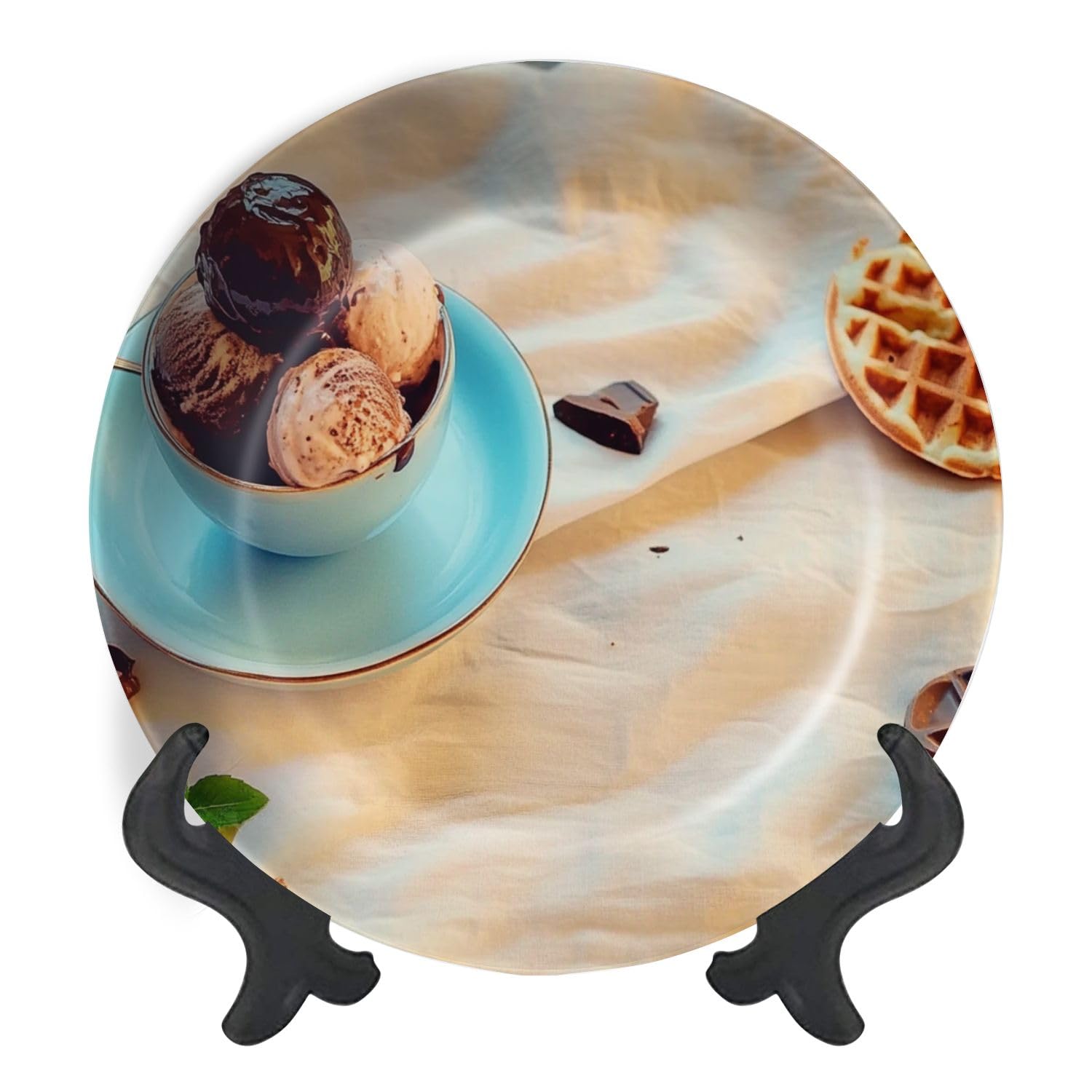 Decorative Plates for Display Chocolate ice cream wafer cones cookies berries wooden table Gift Plates Ceramic Collections Plates Hanging Artwork for Living Dining Room Kitchen Souvenir