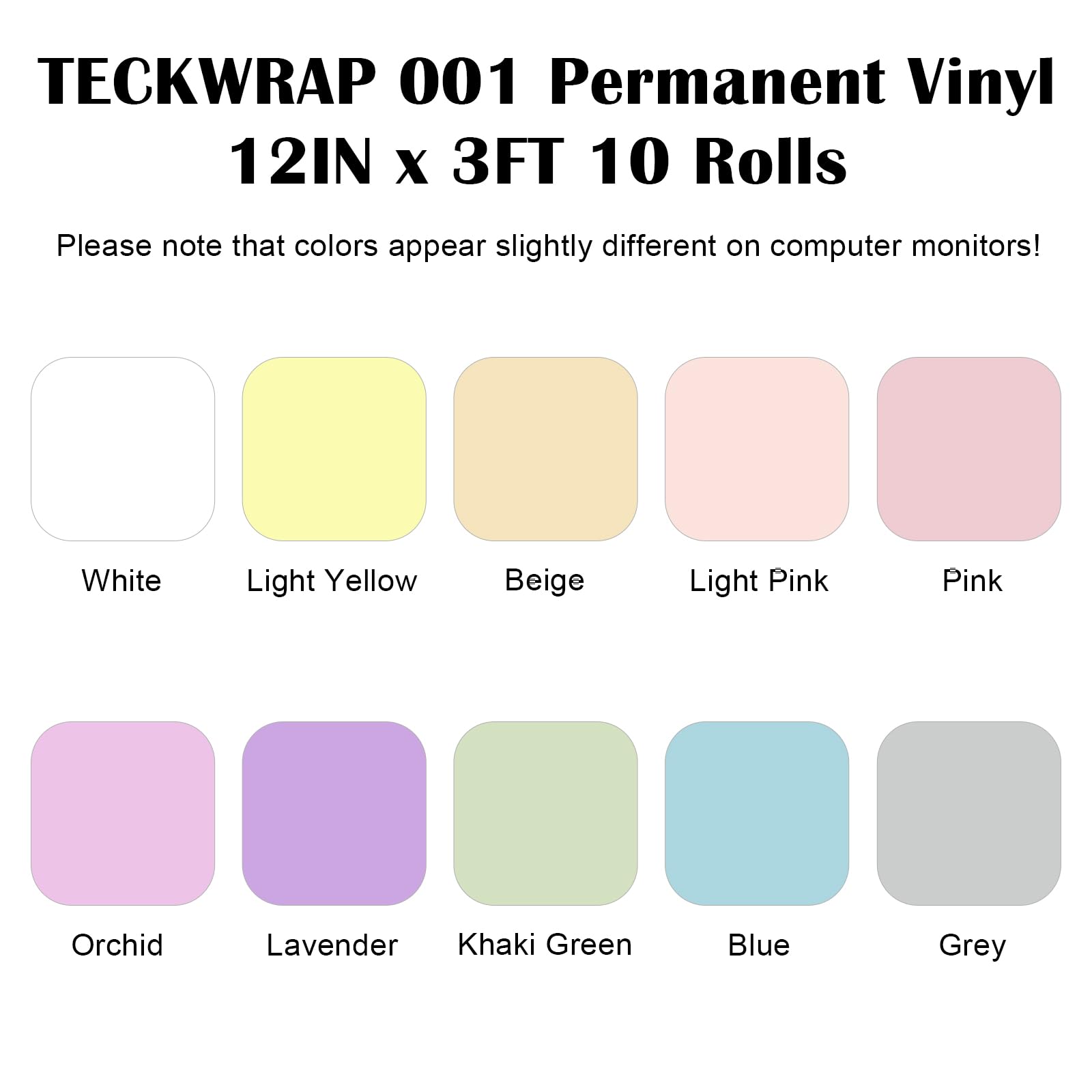 TECKWRAP 001 Vinilo permanente pastel mate, 12 pulgadas x 3 pies, 10 calcomanías de vinilo bohemio para interiores y exteriores para Cricut, Silhouette, cortadores de camafeo, letreros, álbumes de