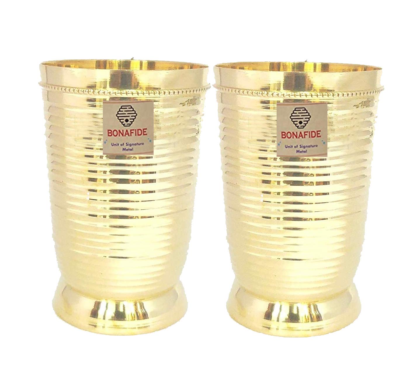 BONA FIDE - Unit of signature metal exportsbona Fide Pure Brass line Design Glass Hand Made Heavy Guage Glass for Drinking Set of 4,Brass Glass Heavy Gauge Capacity 350 ml Each