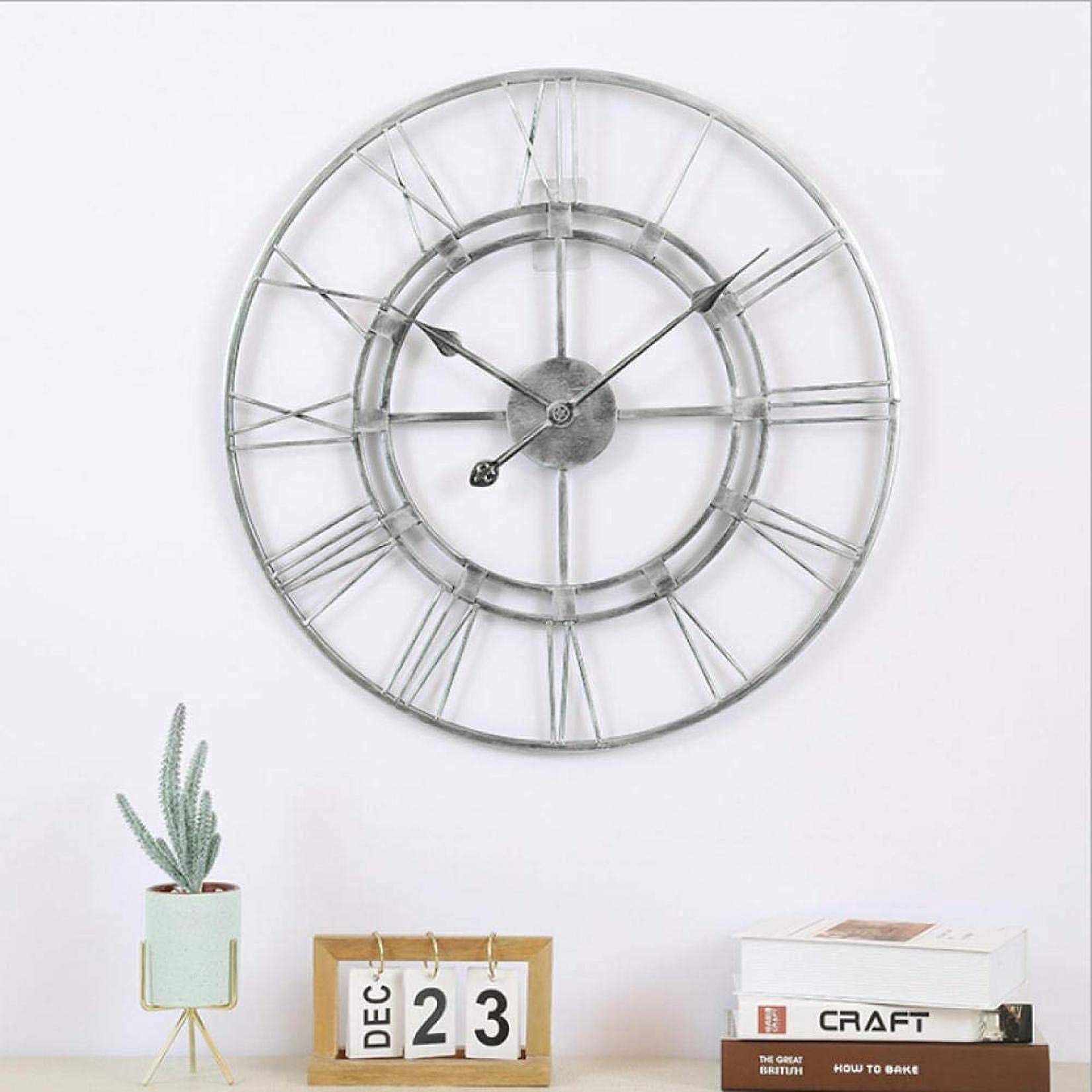 Horloge murale de jardin extérieur géante en métal argenté de 40 cm avec chiffres romains