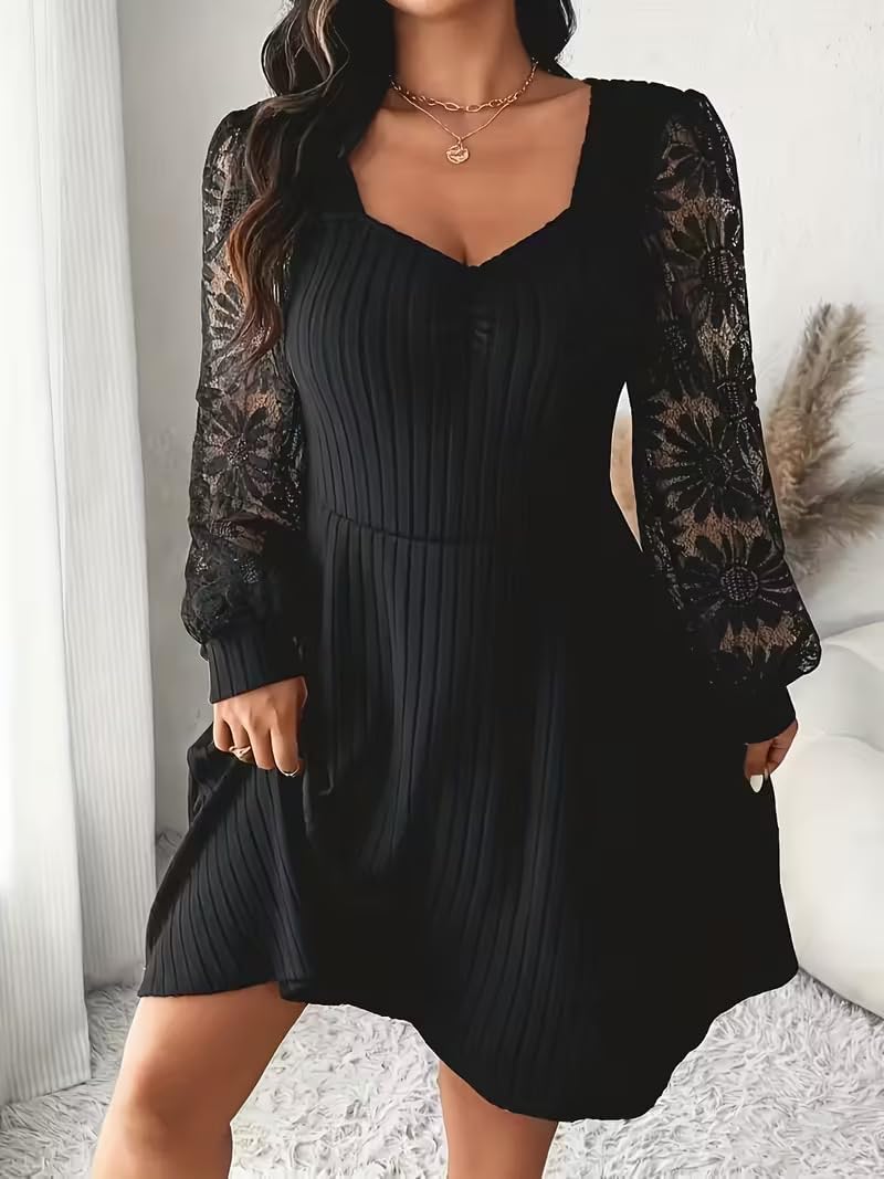 Women's Black Casual Dress Lace Sleeve Pleated Mini Dress Sweetheart Neck Flowy Hem for Date Night Party & Cocktail (Black XL)