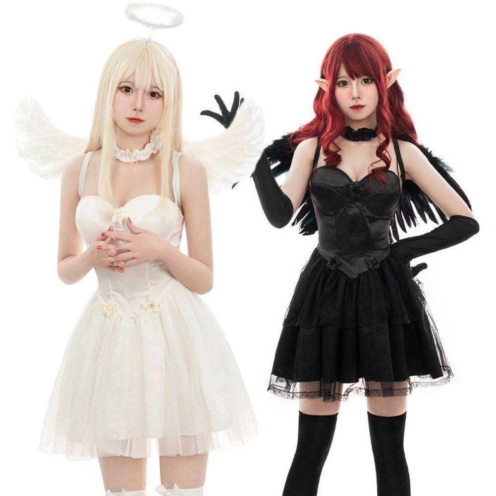 4 szt./zestaw Halloween czarno-biała postać anioła przebranie kostium spódnica naszyjnik rękawiczki i skrzydła diabeł kostium cosplay