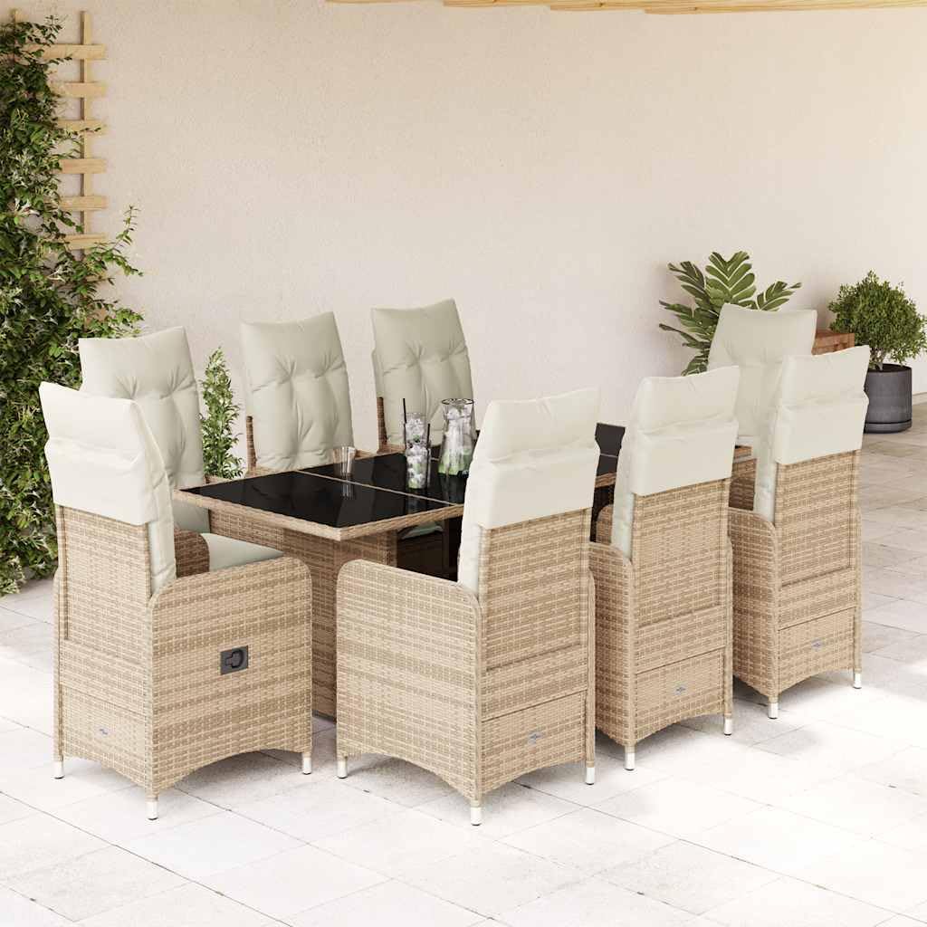 Set bistrot da giardino in polyrattan beige, con cuscini, 9 pezzi