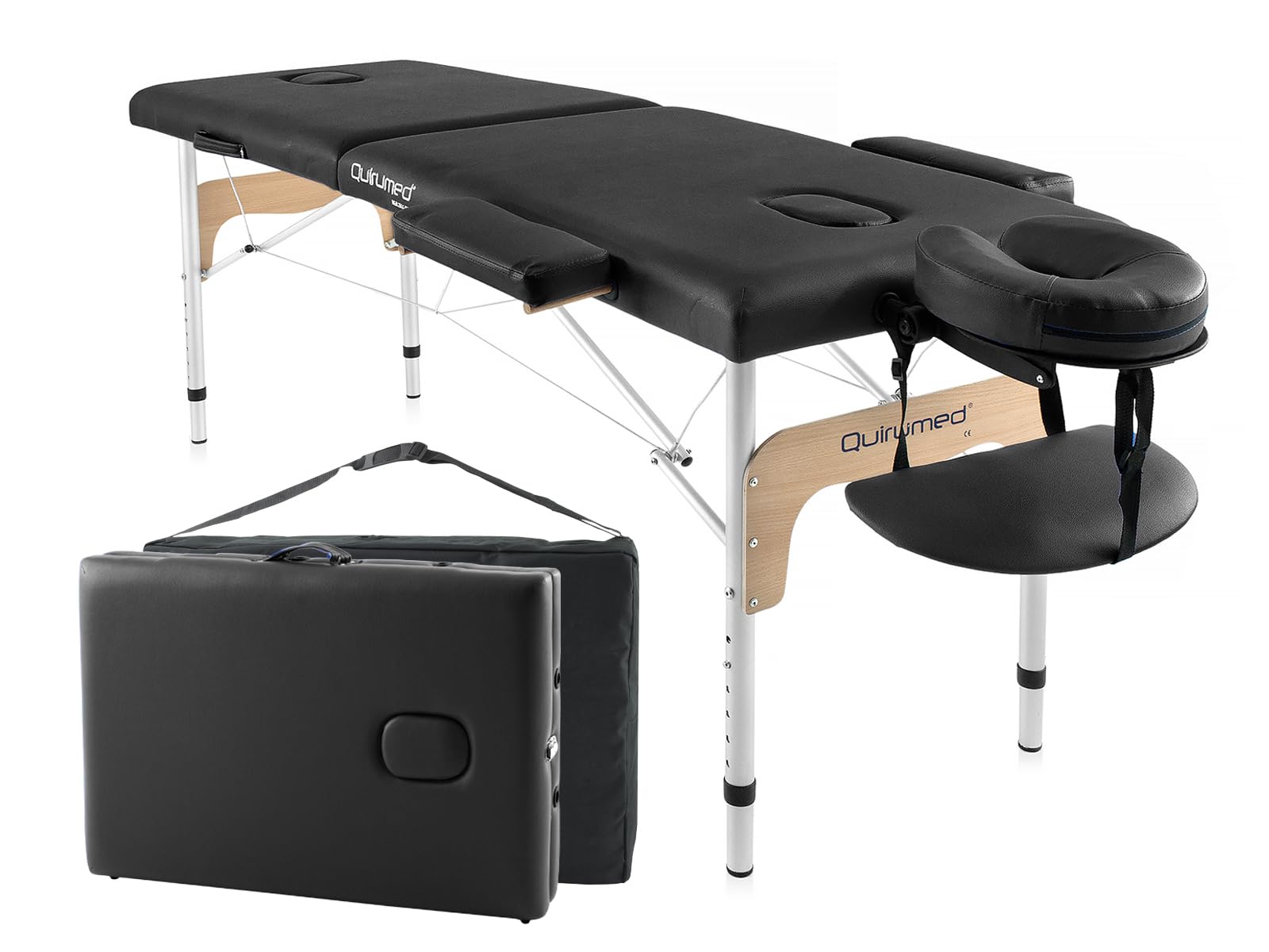 QUIRUMED Camilla de Masaje Plegable de Aluminio Easy, Color Negro, 180 x 60 cm, Polipiel, Portátil, Ligera Cabezal extraíble, Orificio Facial, Altura Regulable, hasta 120 kg