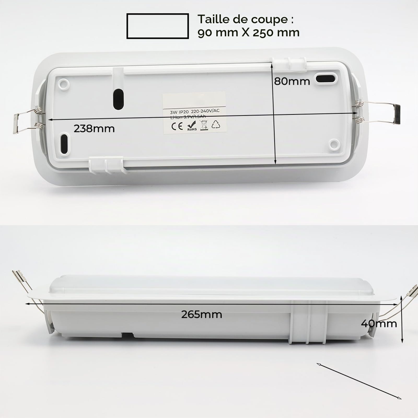 Alpinaluz Autotest Lumières d'urgence LED 3 W, batterie au lithium, mode permanent et non permanent, montage encastré ou surface, 265 lm, 6500 K, 3 heures d'autonomie