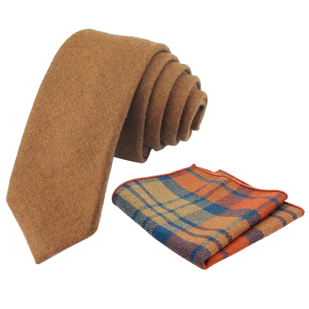 Db Dickie Bow Men's Camel Tan And Orange & Blue Plaid Luxury Wool Skinny Neck Tie & Pocket Square Set (Camel Tan And Orange & Blue Plaid) - Suitable For Formalwear, Office, Weddings, Parties, Grooms & Grooms Outfits