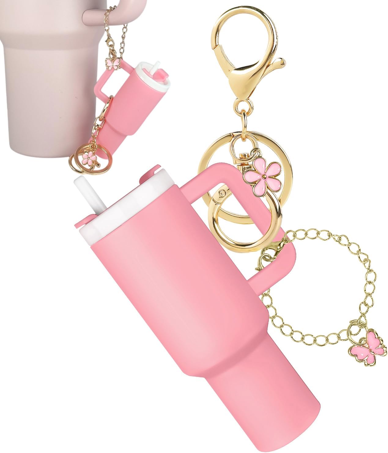 Mini Tumbler Keychain Accessories for Stanley Cup, 2 Way Cute Charms Chapstick Lip Balm Holder for Women Purse Handbag Pink