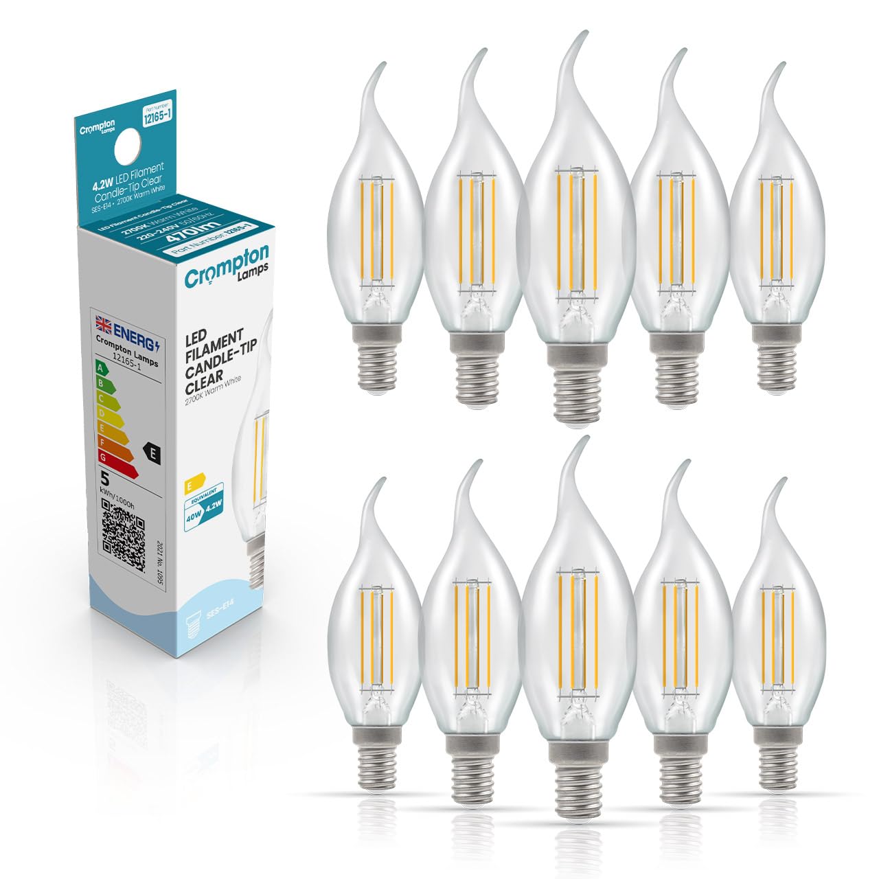 Crompton Lamps Bent-Tip Candle LED Light Bulb SES-E14 | 4.2W = 40W Equivalent | Warm White 2700K | Flame Tip | Small Screw Lightbulb | Long Life 10,000-Hrs | Clear Glass | Dimmable | 10-Pack
