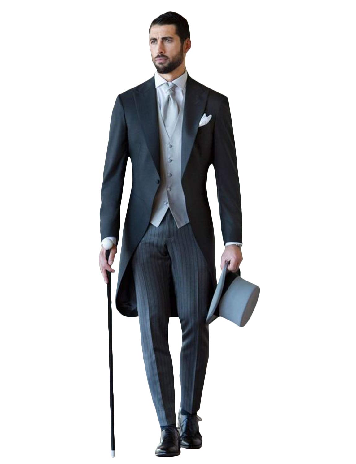 Uomo Tailcoat Suit 3 Pezzi Abiti da Cerimonia Formale da Uomo con Un Bottone Giacca Gilet Pantaloni a Righe