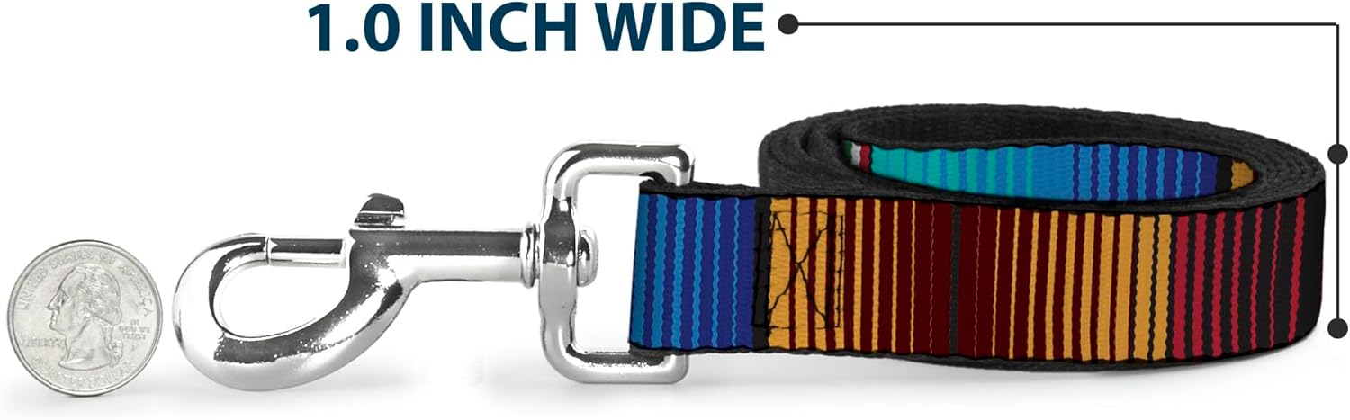Dog Leash Zarape6 Vertical Stripe Gold Blues Black Red 4 Feet Long 1.5 Inch Wide
