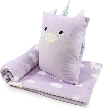3-in-1 Kids Travel Pillow and Blanket Set, Snuggle Pillow with Hand Warmer, 40x60 inches Unicorn Blanket for Girls Compact, Perfect for Travel, Camping, Home and Office