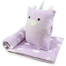 3-in-1 Kids Travel Pillow and Blanket Set, Snuggle Pillow with Hand Warmer, 40x60 inches Unicorn Blanket for Girls Compact, Perfect for Travel, Camping, Home and Office