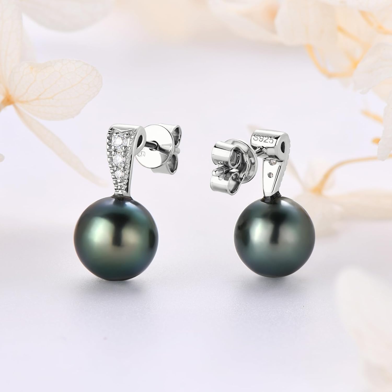 9-10mm Tahitian Black Pearl Stud Earrings, Genuine Black Pearls with Moissanite Sterling Silver Jewelry Gifts for Women - Image 4