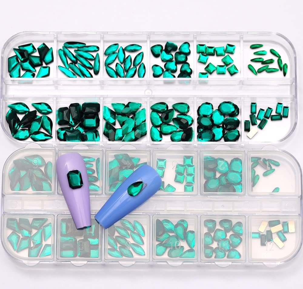 120Pcs 12Gird Box Emerald Flatback Crystal Mix Shape 3D Non Hotfix Rhinestone Glass for Nail Art Decorations