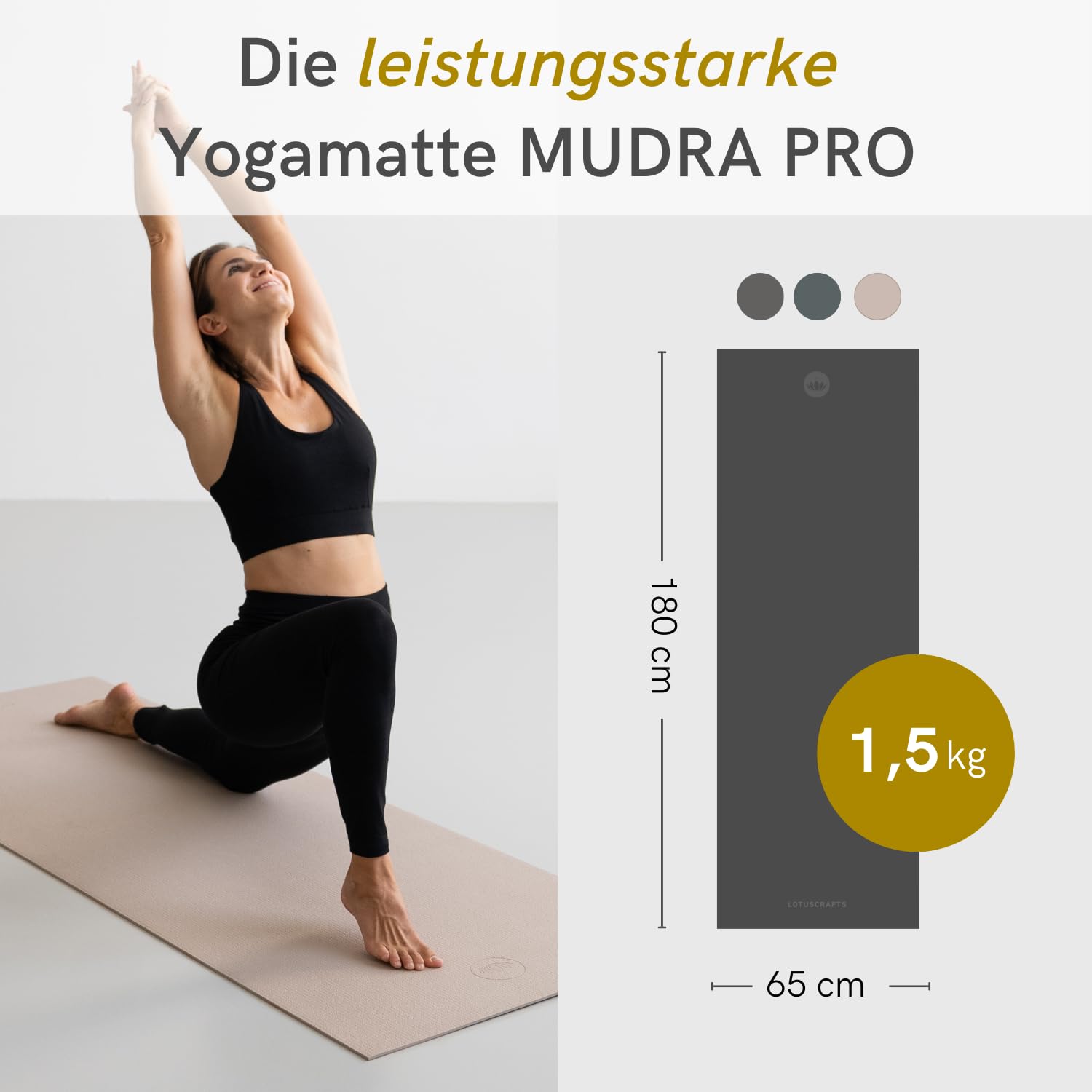 LOTUSCRAFTS® Yogamatte rutschfest, universell nutzbar als Trainingsmatte, Sportmatte, Gymnastikmatte, Fitnessmatte, Pilates Matte, Matte Sport, Yoga Matte MUDRA PRO