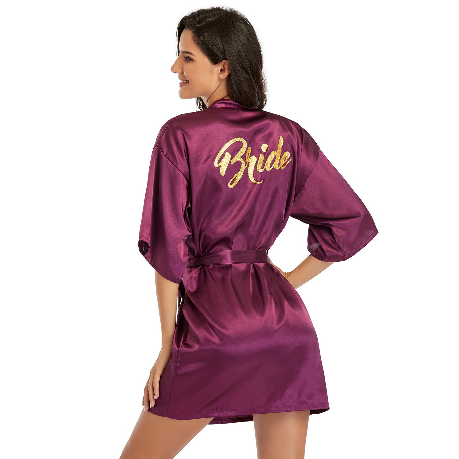 Party with EmmaParty with Emma Bride Robe Satin Kimono Wedding Party Getting Ready Robe Gold Glitter Engagement Party Bride to be Party (Tyrian Purple, L)