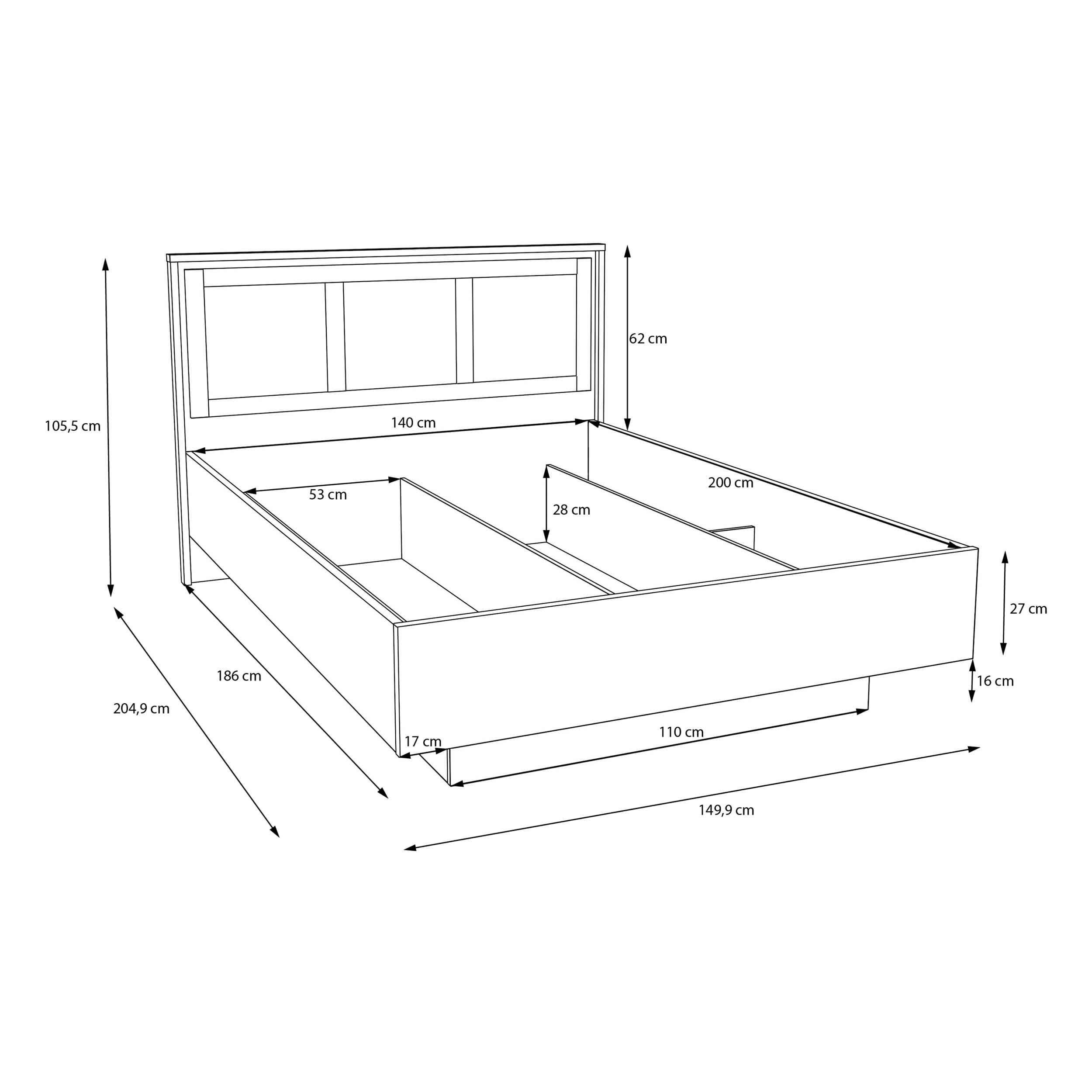 Forte GLENKEEN Bett, Liegefläche 140 x 200 cm, Bettgestell im Bohostil mit Rattangeflecht, Stauraum, Holzwerkstoff, Valencia Eiche Holzdekor|Naturrattan, 149,9 cm breit x 105,5 cm hoch x 204,9 cm tief