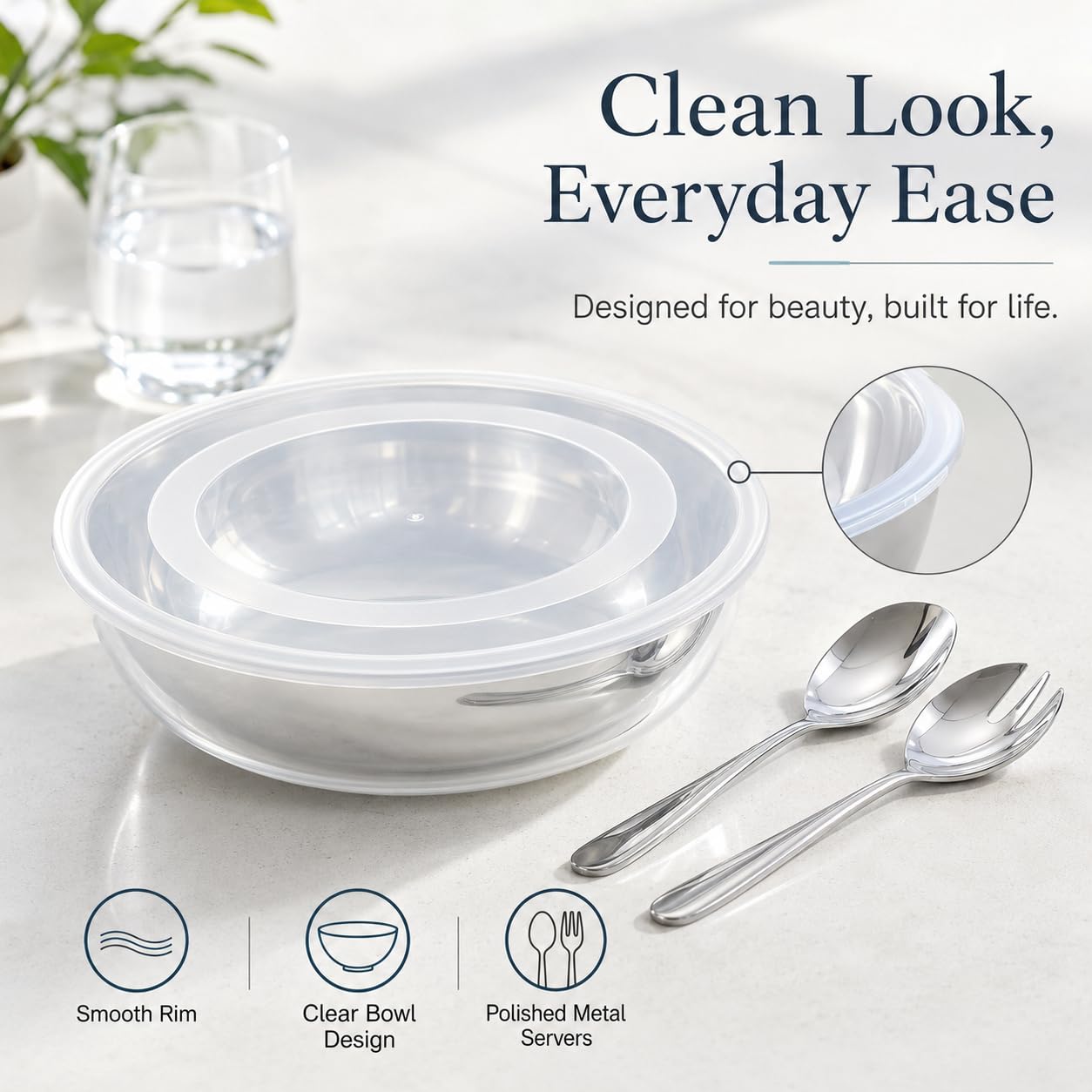 Ensaladera de acero inoxidable con tapa y cubiertos para ensalada, 32 cm, cuenco grande con cubierta transparente, juego de cuencos para servir con cuchara de ensalada y tenedor de ensalada