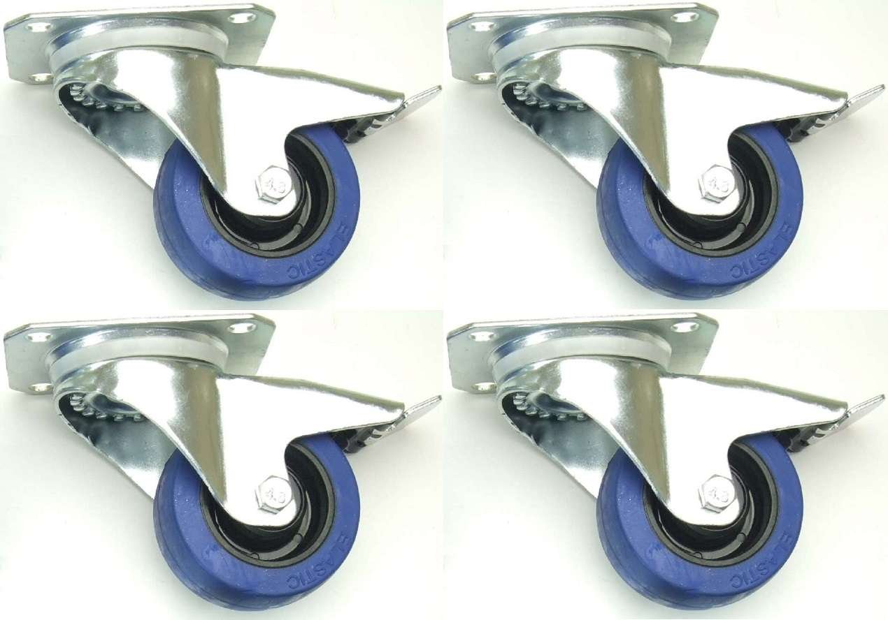 4 Stück 80mm Blue Wheels mit Bremse/Feststellbremse Lenkrollen Transportrollen 140kg / Rad - INDUSTRIEQALITÄT (4 x Brems)